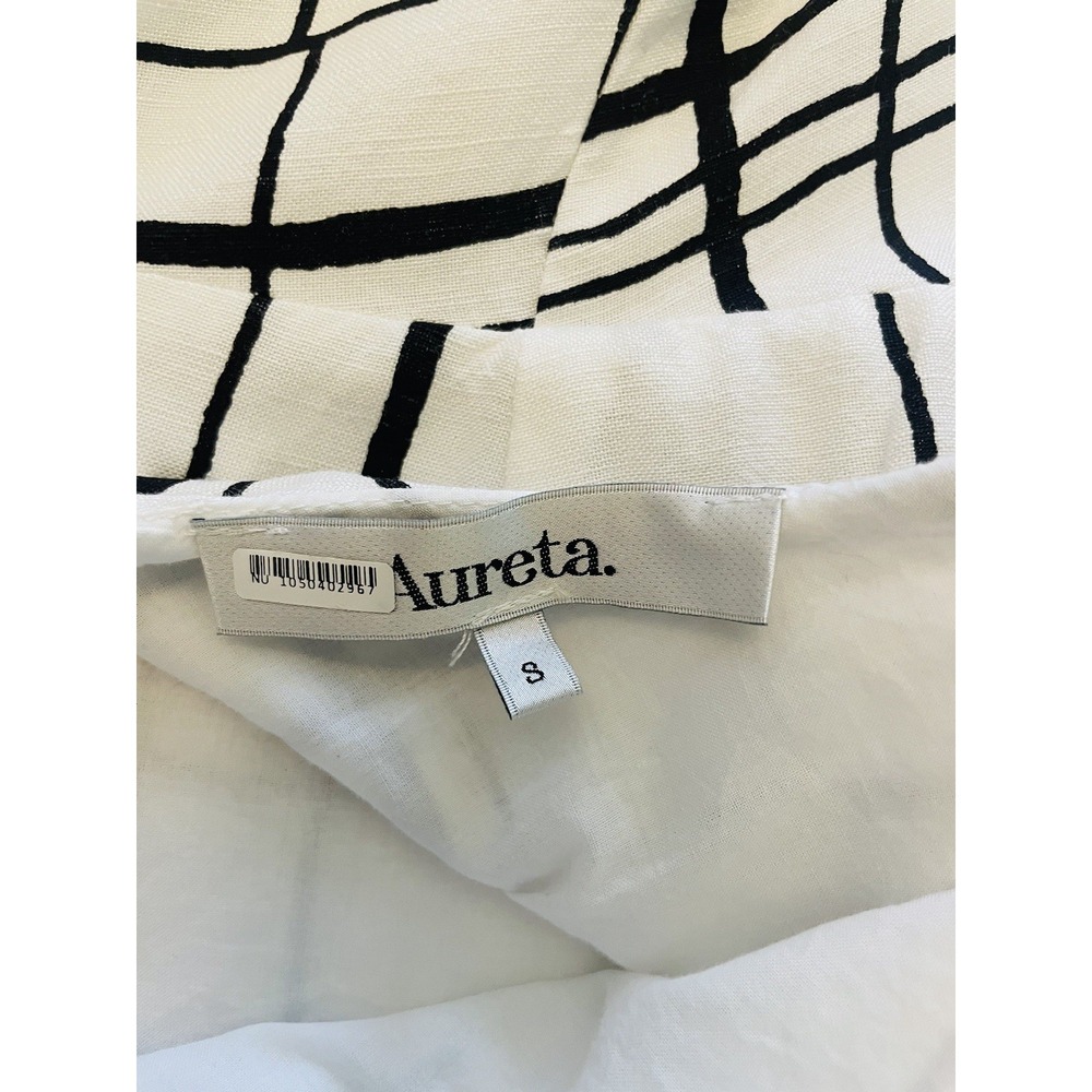 Aureta Linen Blend Puff Sleeve Mini Dress Abstract Grid Check Open Back Size S - Picture 6 of 13